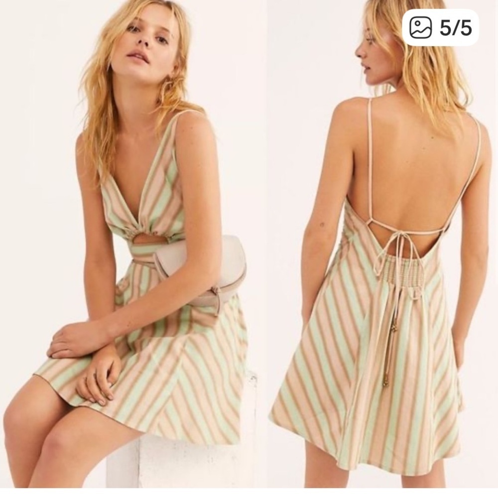 Free people striped cutout mini dress nwot tan $120 open back spring casual boho